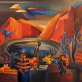 Hannah Höch: Symbolische Landschaft III,
1930, Öl auf Leinwand, Dr. Peter Heindlmeyer,
Berlin, VG Bild-Kunst, Bonn 2017