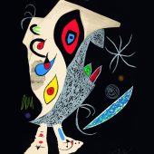 ohne Titel, Entwurf für den Umschlag des Buchs „Lune „Barbare dans la nuit“ (Der nächtliche Barbar), Farbaquatintaradierung, 1976 © Successió Miró / VG Bild-Kunst, Bonn 2018 © Galerie Boisserée, Köln 2018